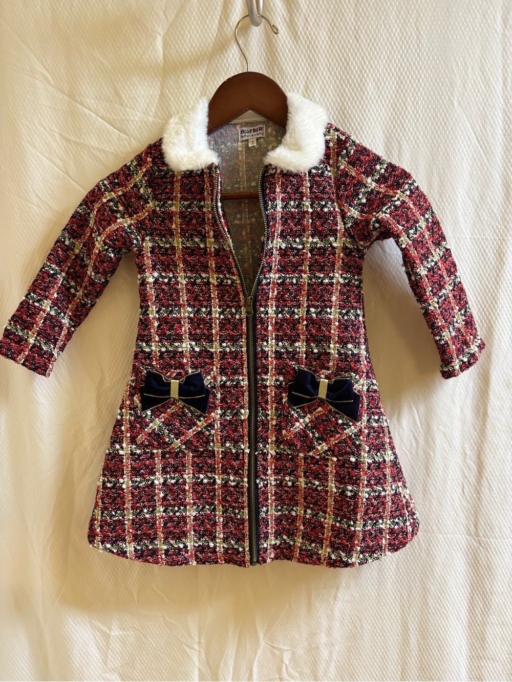 Blueberi Boulevard Girls Red Plaid Coat Faux Fur Bows 5 EUC New
